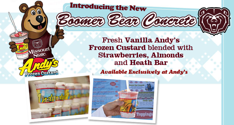 Andy's Boomer Bear Concrete-Fresh Vanilla Andy’s Frozen Custard blended with Strawberries, Almonds and Heath Bar