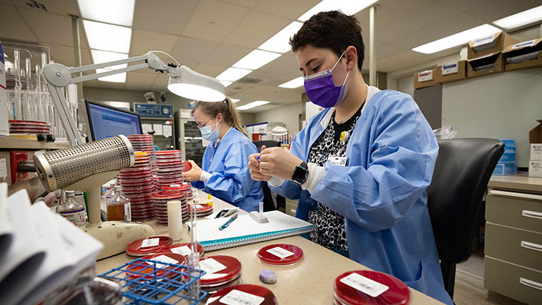 Clinical lab students testing samples in hospital.