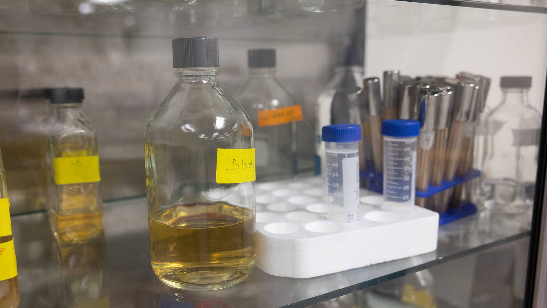 Bottles and cases on laboratory shelf.