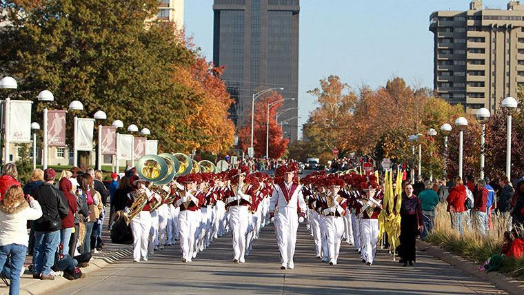 Missouri State University Pride Marching Band leads the Homecoming Parade