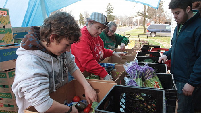 A small group of people sort through boxes of produce at a garden site
