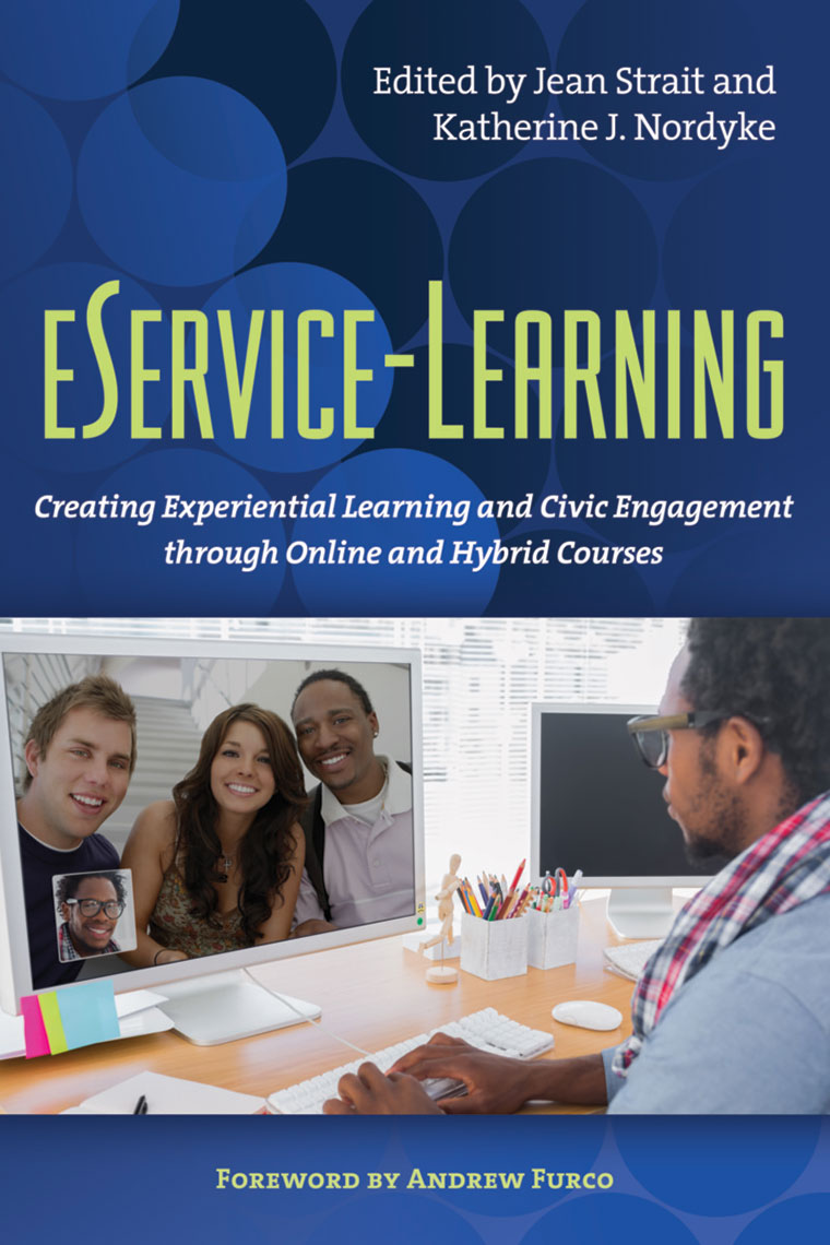 Book cover of eService-Learning, inset of man on computer looking at an image of several college students