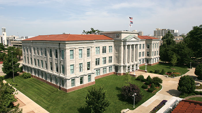 Aerial view of Strong Hall.