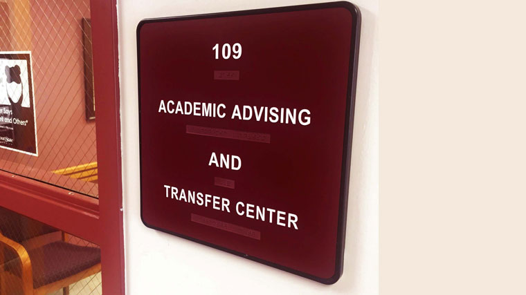 View of Academic Advising and Transfer Center sign with room number 109