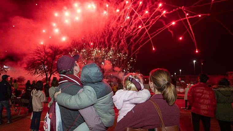 Family watching fireworks display at Missouri State University event.
