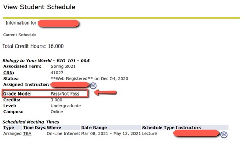 Student Schedule Detail Pass Not Pass Example Screenshot