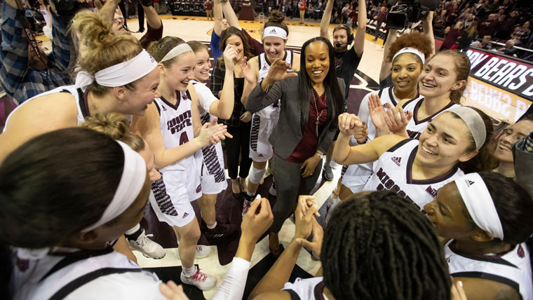 Missouri State Lady Bears cheering after winning another game