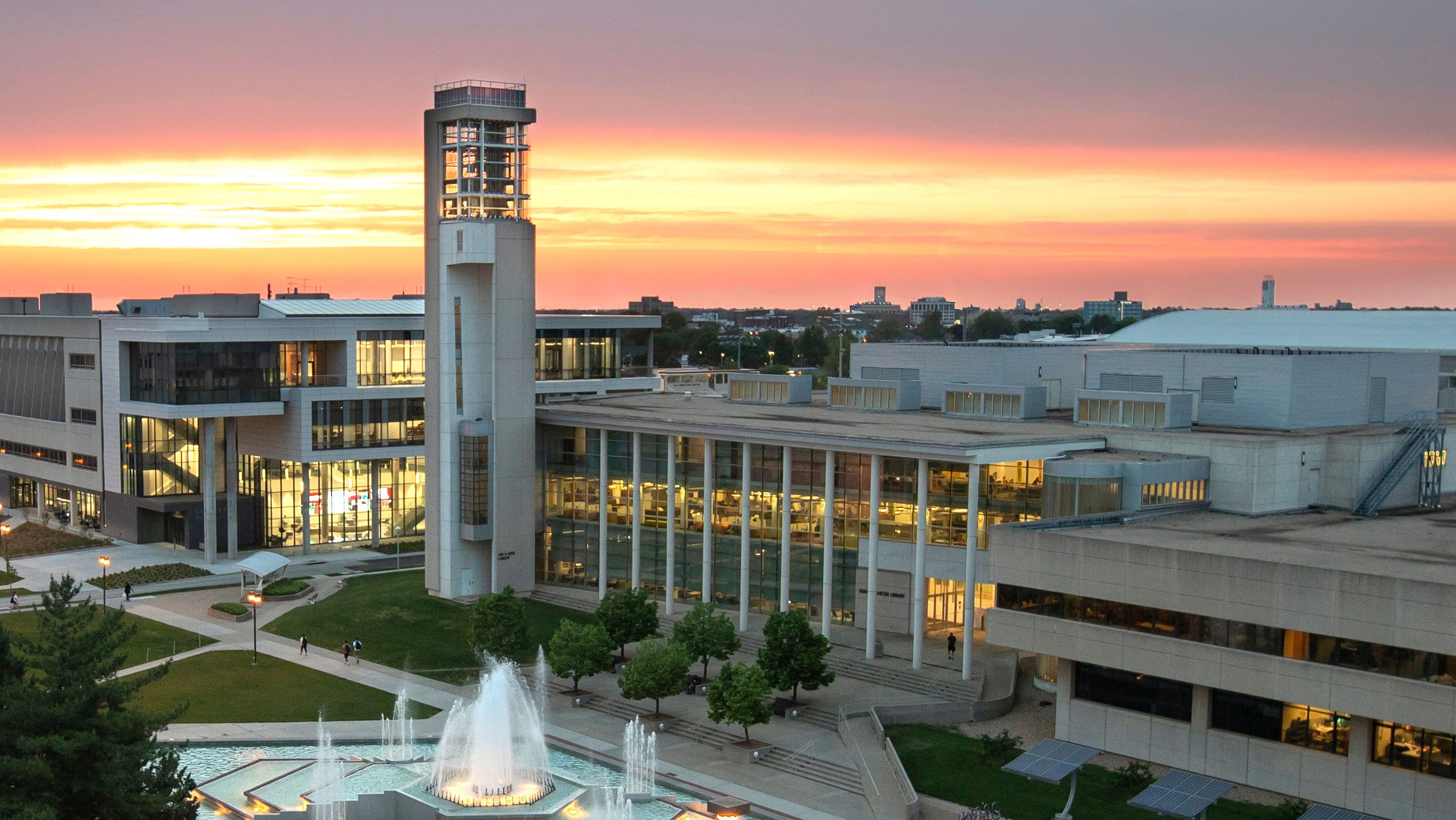 Campus scene at twilight