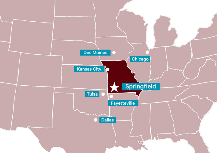A map of the U.S. with Missouri highlighted and nearby cities indicated
