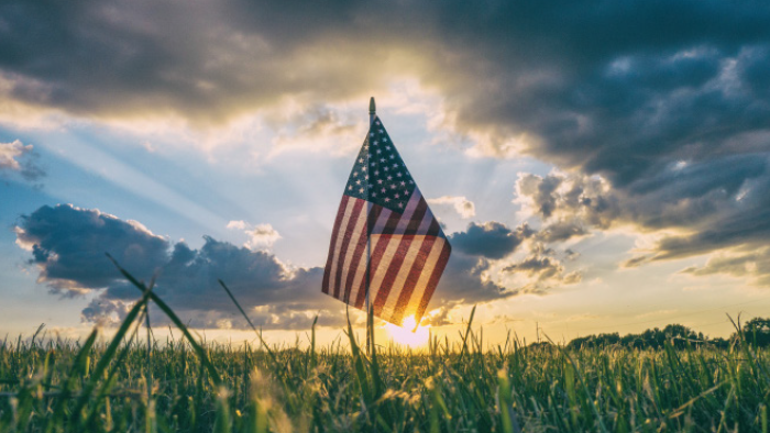 Small American flag planted in grass against a sunset