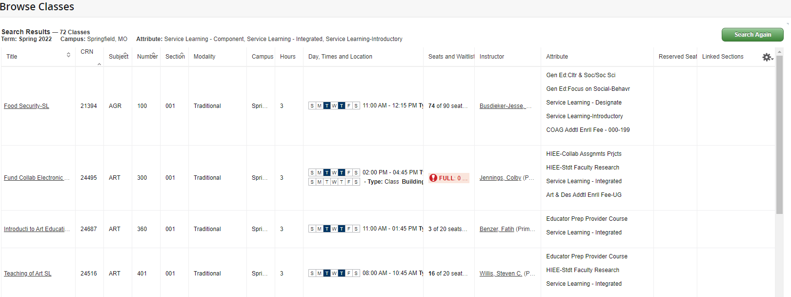 Course schedule search interface