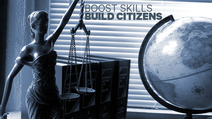 Scales of justice and globe, "caption: boost skills, build citizens"