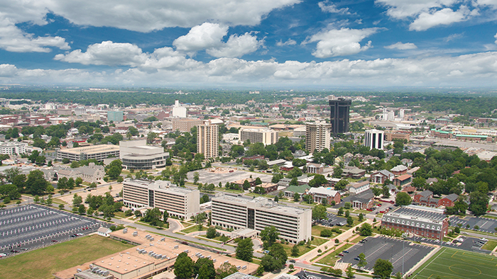 Bird's eye view of Missouri State campus and downtown Springfield, MO
