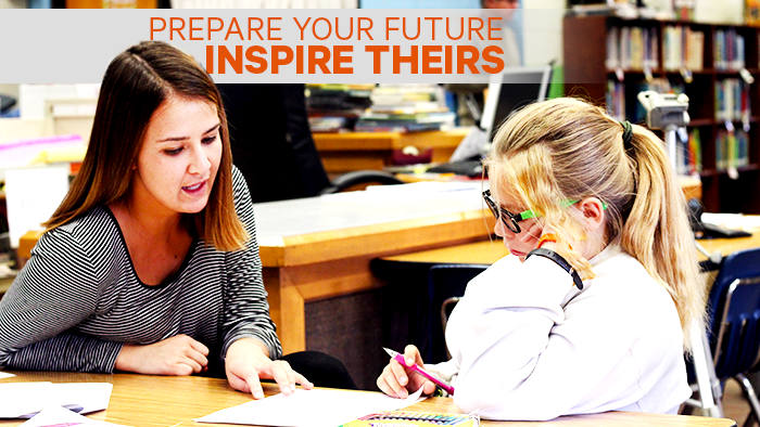 A female college student works with a young girl, caption: "prepare your future, inspire theirs"