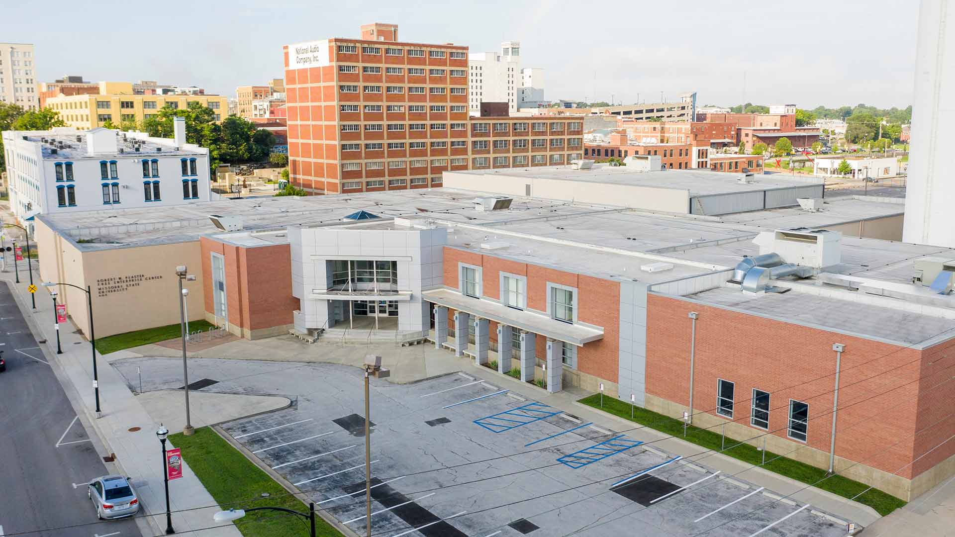 Aerial view of the front of the Robert W. Plaster Free Enterprise Center in downtown Springfield.