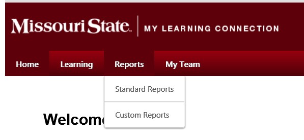 picture of my learning connection task bar with reports drop down box