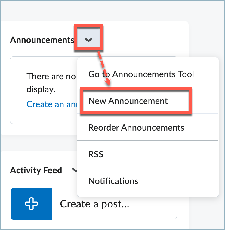 Announcement widget on the course homepage. A red box highlights the new announcement option.