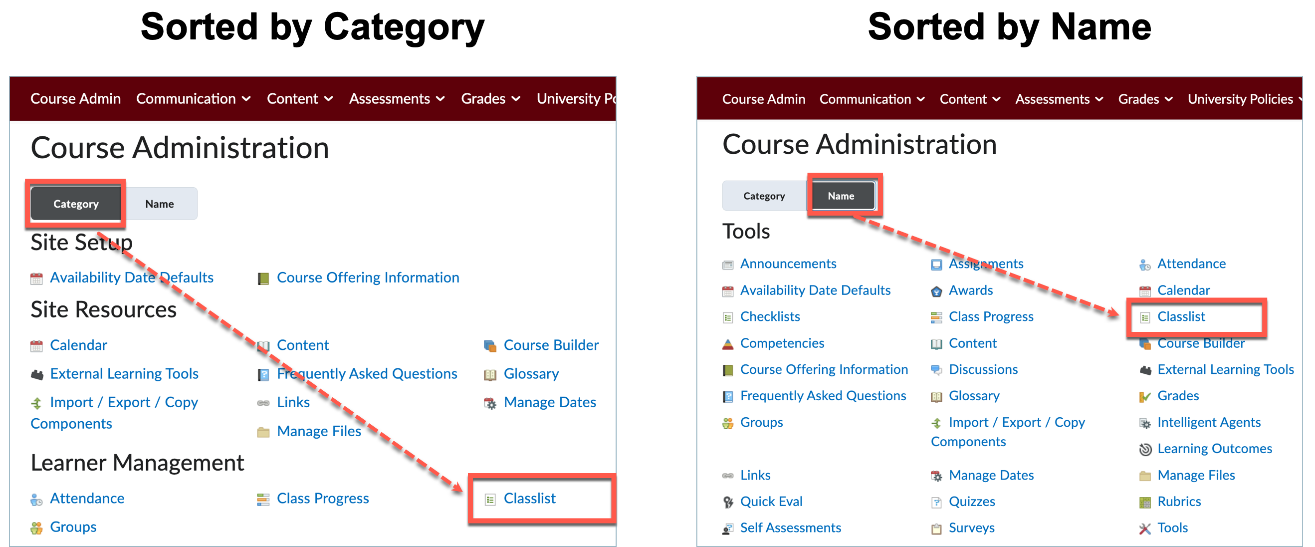 A comparison of how the Course Admin tool looks based on whether it is sorted by catagory or by name.