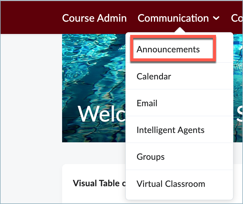 The communication link on the course navigation bar is expanded with a red box highlighting the announcement option.