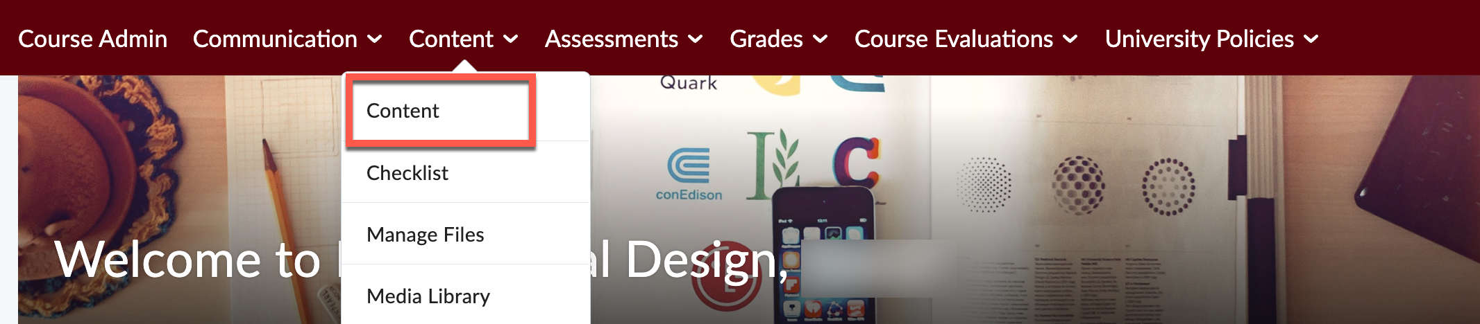 The Content tool serves as a central hub for posting and structuring materials.