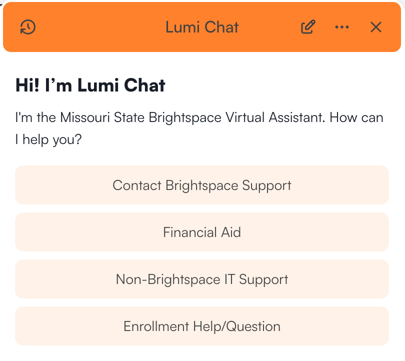 Lumi Chat window in Brightspace showing the options for help.
