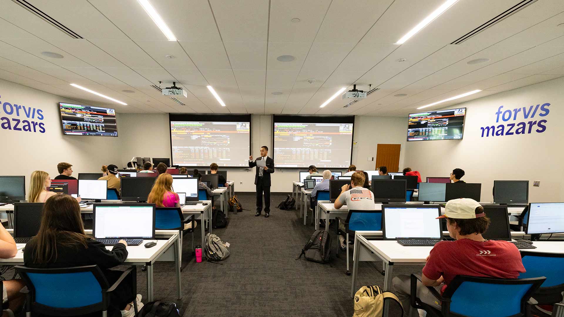 Finance faculty teaching in the trading lab.