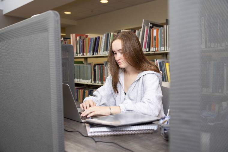 Student using a computer in the library