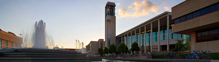 A scenic view of Missouri State's Carillon and Fountain just outside Meyer Library.