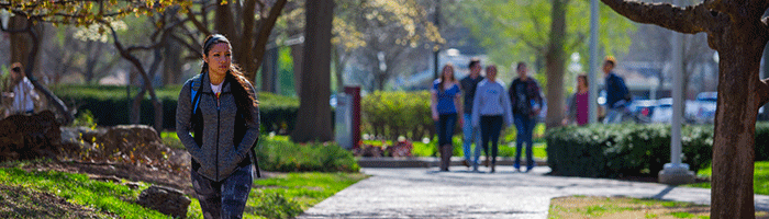 Students walk to class on a beautiful spring day