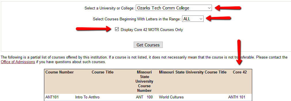 Image shows screen shot of how to display courses at current institution would transfer to Missouri State University. First select your institution, select "All" courses and click the checkbox to display CORE 42 courses.