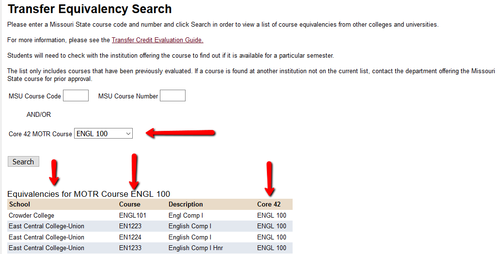 Screenshot of the transfer equivalency search. The example shows courses that fall under MOTR ENGL 100. To do this, instead of selecting a MSU course code and course number, select the desired MOTR course number from the “CORE 42 MOTR Course” drop-down menu.