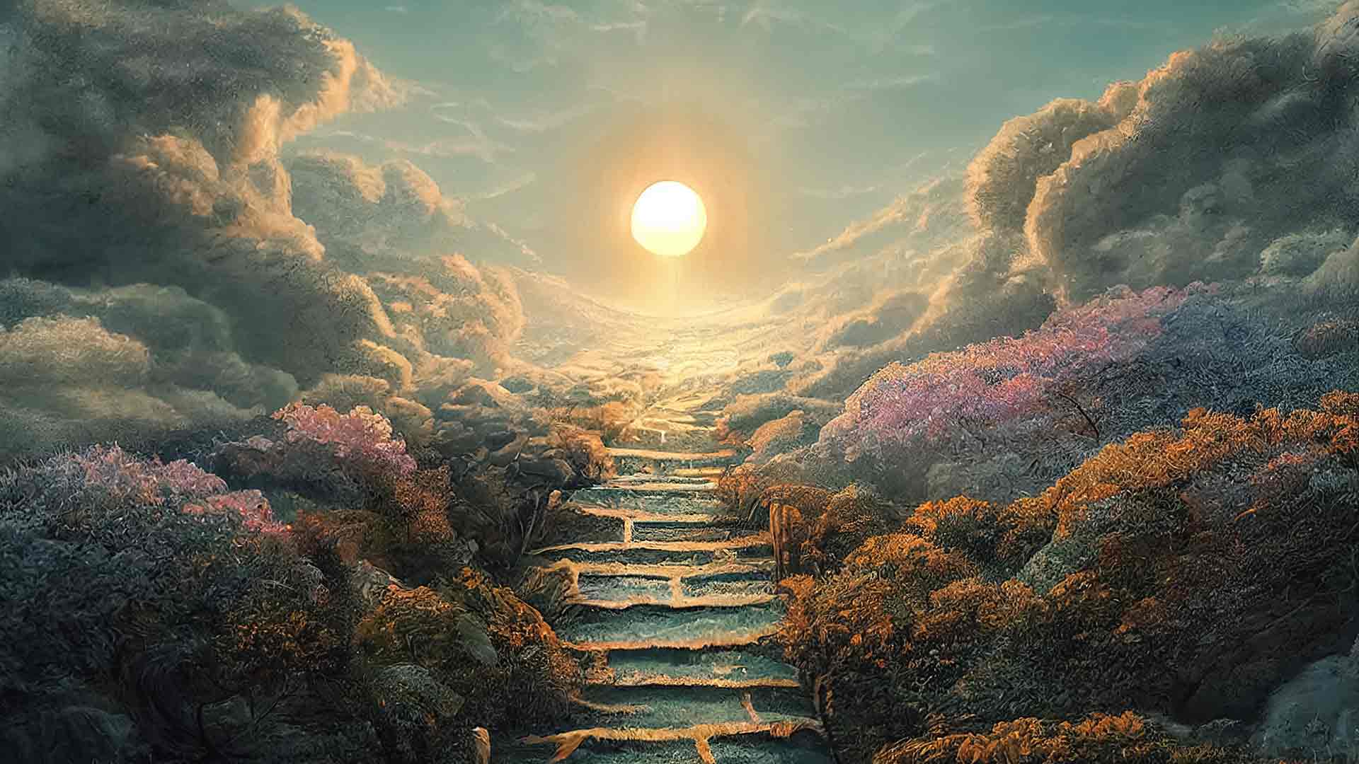 Stock art of a stairway leading up to the clouds and sun.