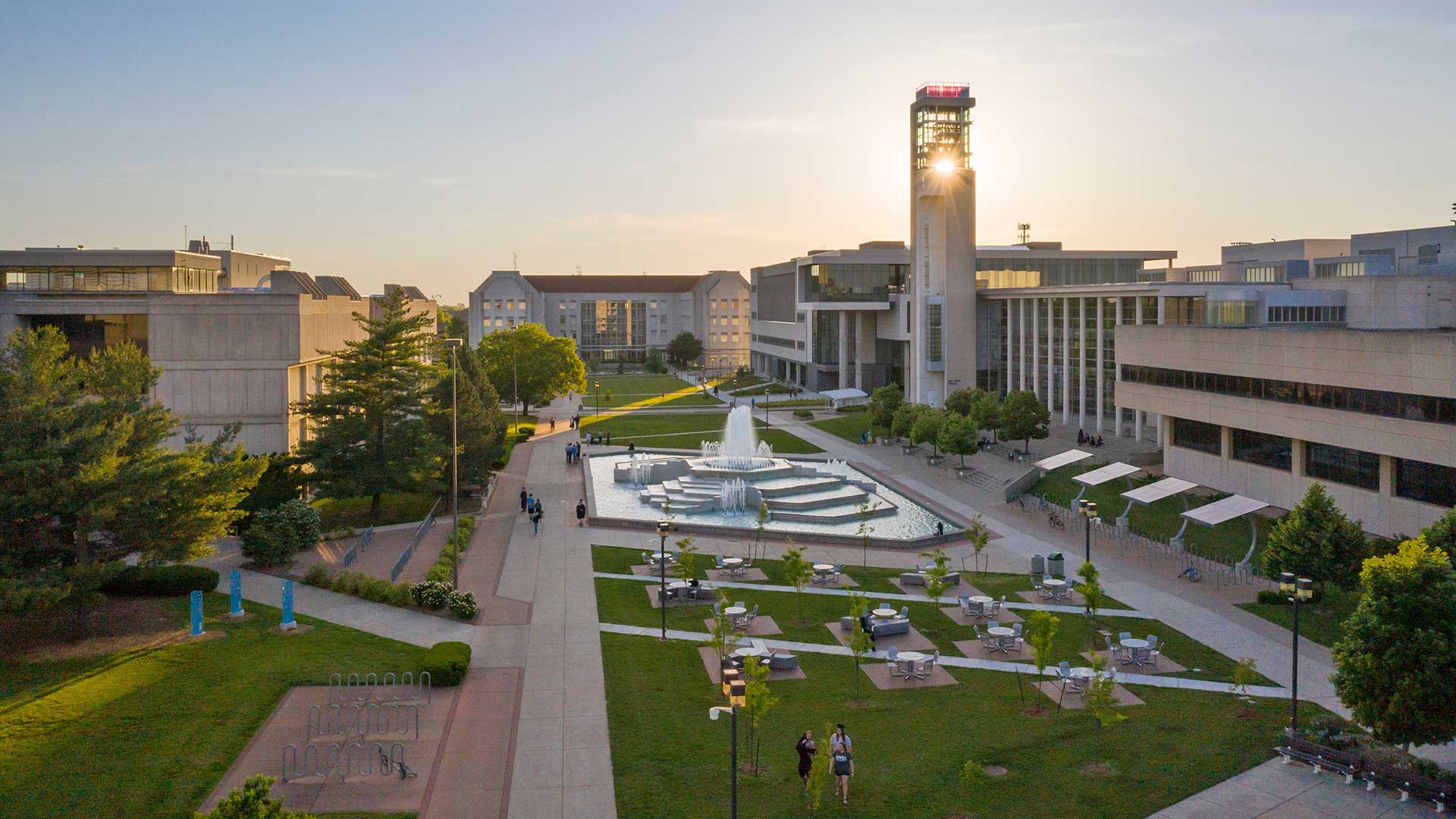 Beautiful aerial view of campus highlighting Hammons fountains. 