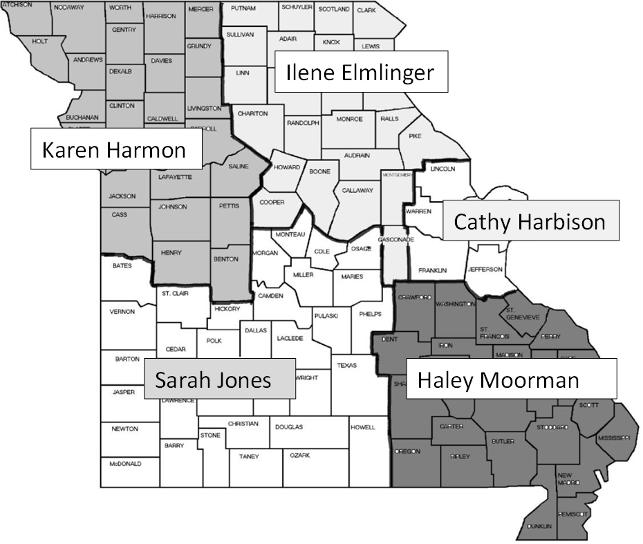 map of the state of missouri with the names of MOHEAR audiologies responsible for each area of the state