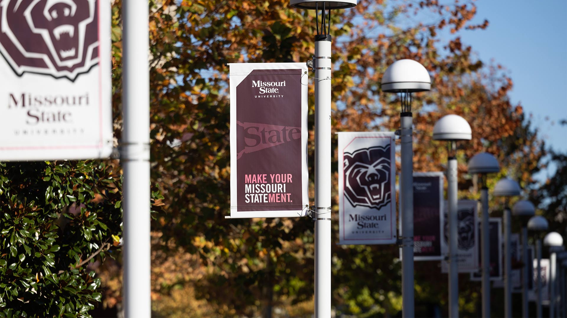 Missouri State-themed flags hanging from the street lights along Kings Street Annex.