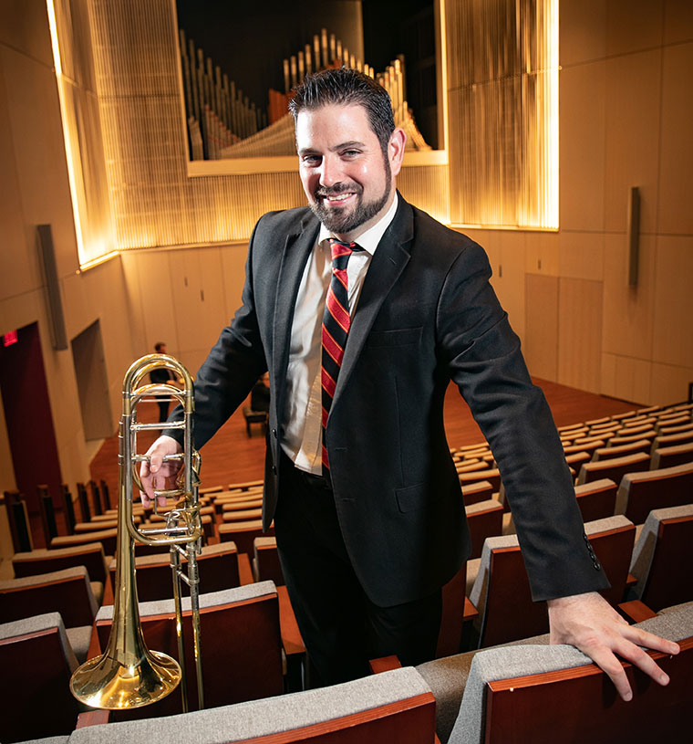 Photo of Dr. Jason Hausback in C. Minor Recital Hall at Missouri State University