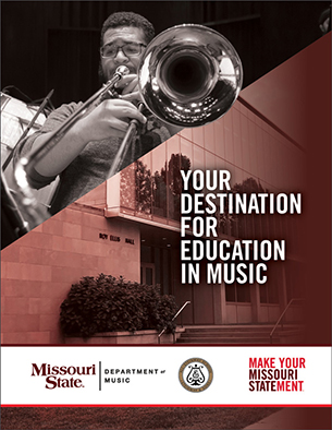 Photo of Music's viewbook cover of student playing trombone