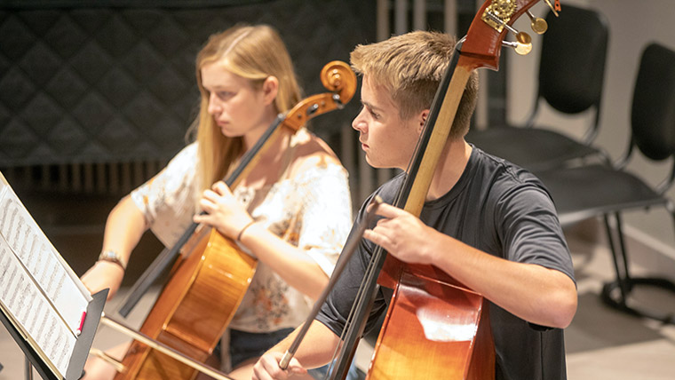 Two students play string instruments together