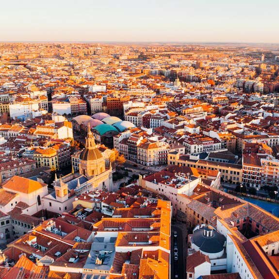 A breathtaking aerial view of Madrid, Spain right before sunset.