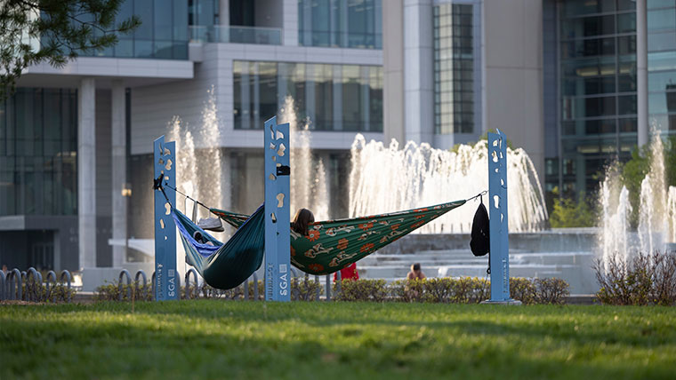 Students in hammocks next to the Hammons fountains.