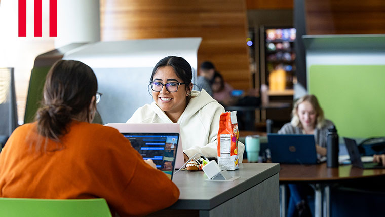 Two students within the library with laptops facing each other.