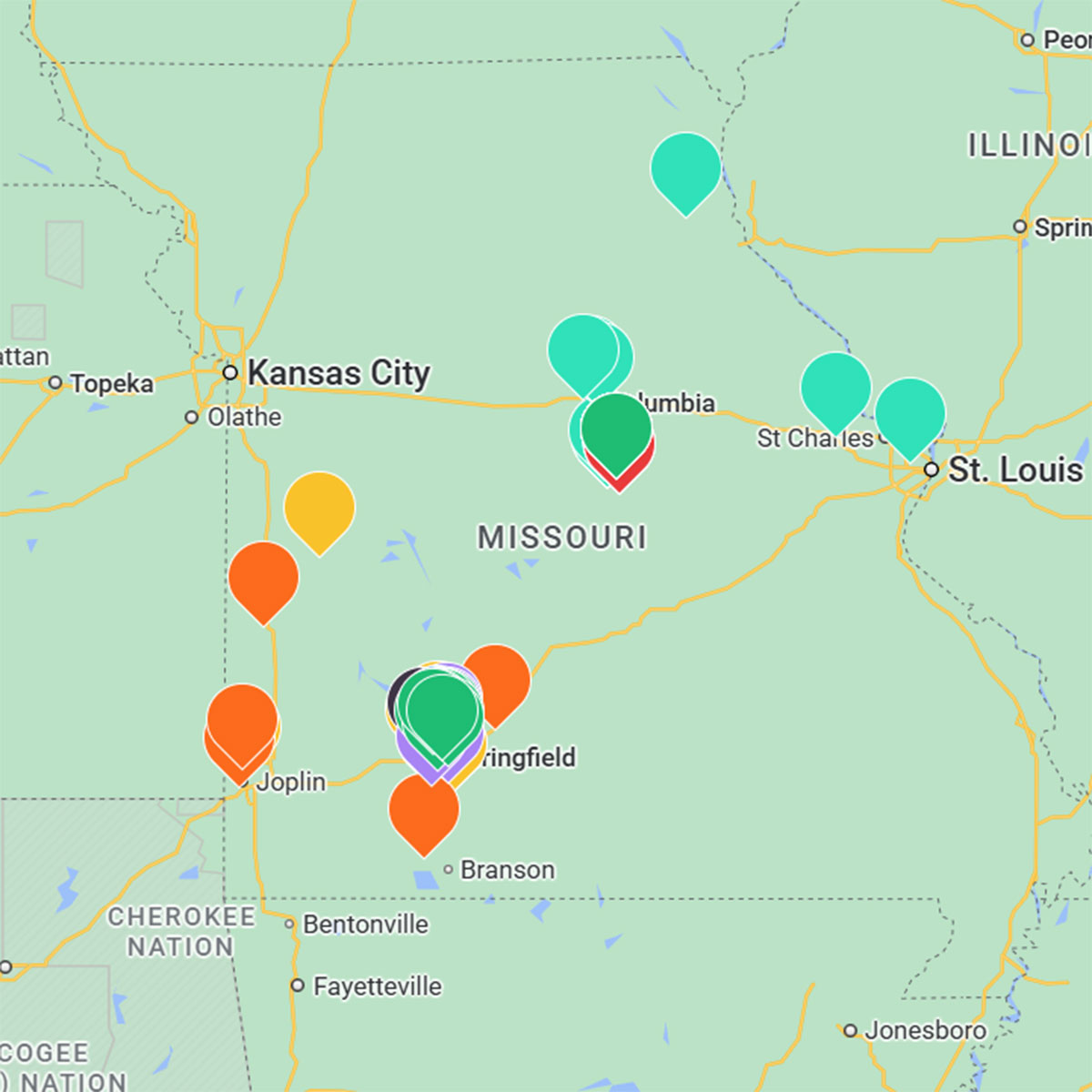 Map of the state of Missouri with pinpoints for sexual violence prevention services.