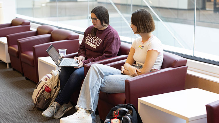 Two Missouri State students are focused on a laptop screen.