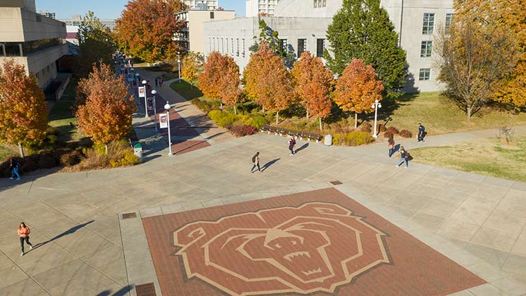 Aerial view of the Missouri State Bear logo along Kings Avenue and the West Mall on campus.