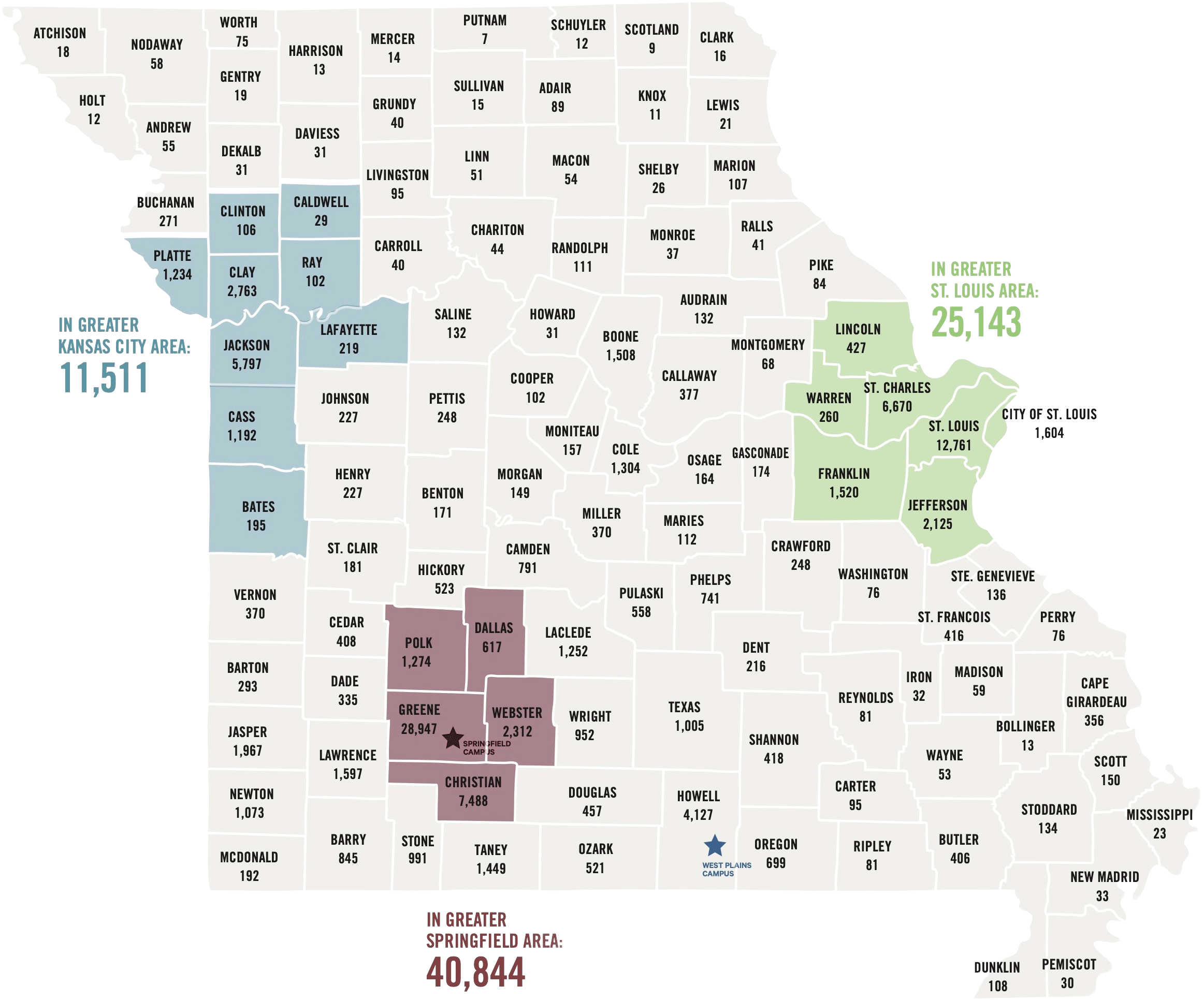 Missouri map of alumni numbers per county