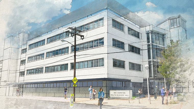 Architectural rendering of the Ann Kampeter Health Sciences Hall exterior.