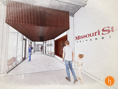 Architectural rendering of Ann Kampeter Health Sciences Hall foyer.