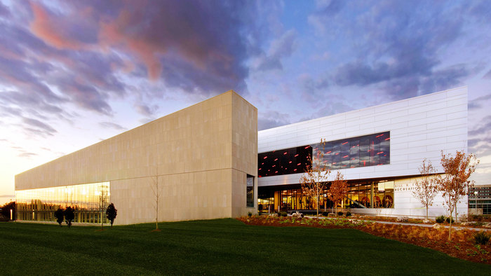 Side view of the Foster Rec Center, evening