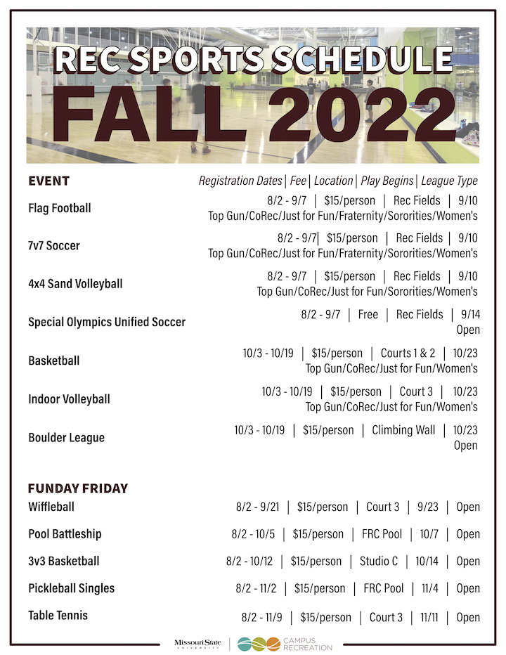 Rec Sports Fall 2022 Schedule
