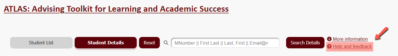 ATLAS screen with Help and Feedback link highlighted